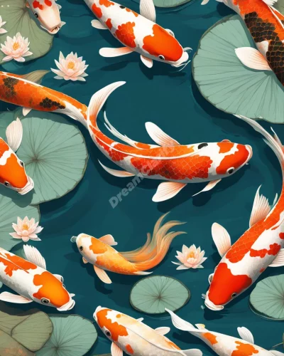 Koi fish swimming through a serene dream pond, symbolizing perseverance and beauty.