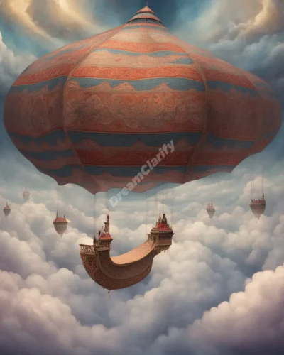 A magic carpet flying through clouds that form various dreamscapes, symbolizing adventure and imagination.