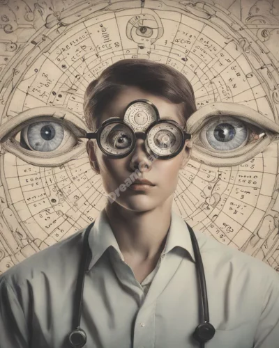 An optician examining eyes with dream symbols, representing clarity and vision.