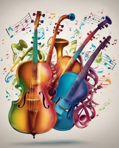 Four musical instruments playing colorful notes that form dream symbols in the air, representing harmony and collaboration.