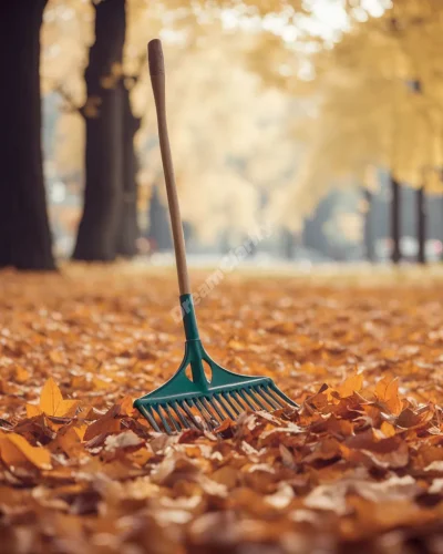 A rake gathering fallen leaves, each leaf containing a different memory or dream symbol.