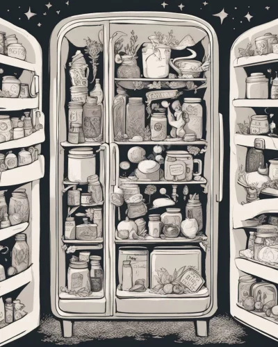 A refrigerator filled with dream symbols, representing preservation.