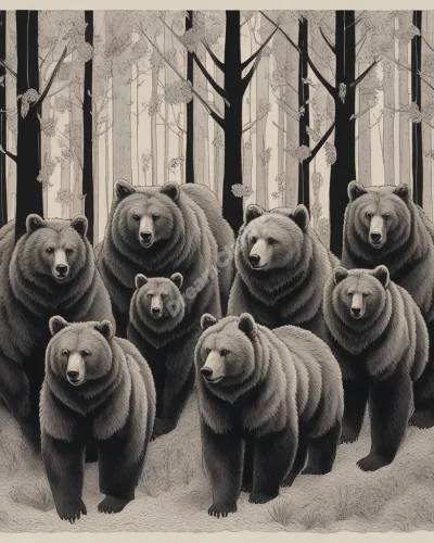 Bears emerging from a forest, each one carrying a different dream symbol, representing strength and introspection.