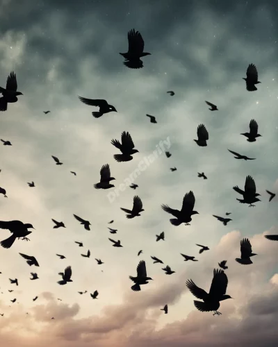 Black birds flying through a dream sky, representing omens and messages.