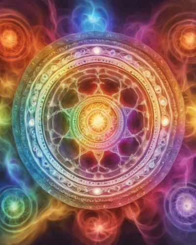 Spinning chakra wheels emitting colorful dream energy.