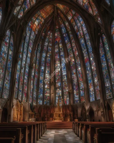 Churches with stained glass windows revealing dream symbols, representing spirituality.