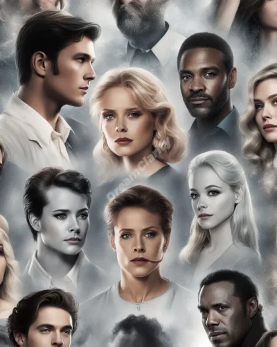 Film stars emerging from a silver screen into a dreamy reality.