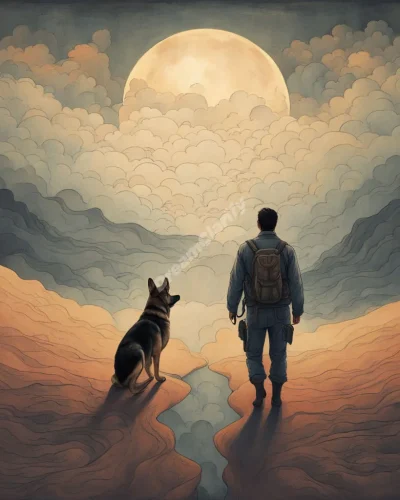 A German Shepherd guiding a dreamer through a symbolic landscape.