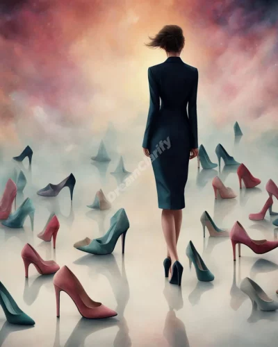 High heels walking through a dreamscape, symbolizing confidence and status.