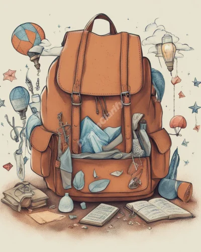 A knapsack spilling out various dream items, representing life's journey.