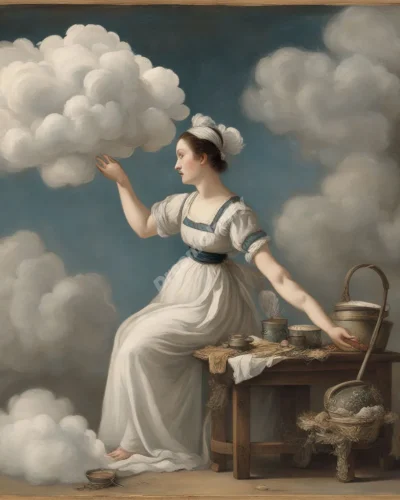 A maid dusting away clouds to reveal hidden dream scenes, representing the clearing of the mind and uncovering of truths.