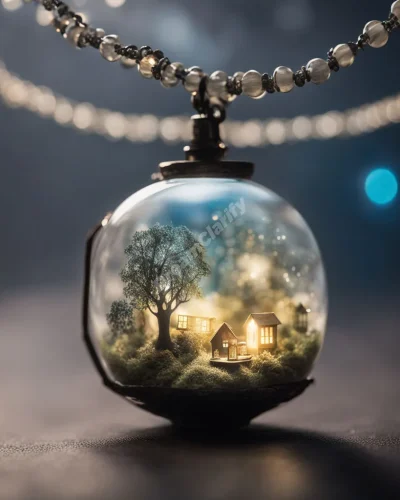 A glowing necklace floating in a misty dream space, each bead containing a miniature scene, symbolizing personal value and connections.