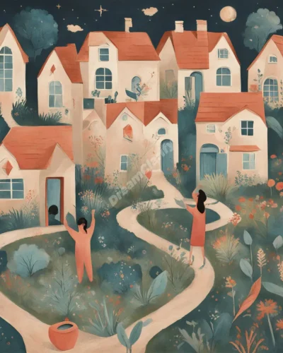 A neighbor waving from a dreamlike garden, surrounded by symbols of community and connection.