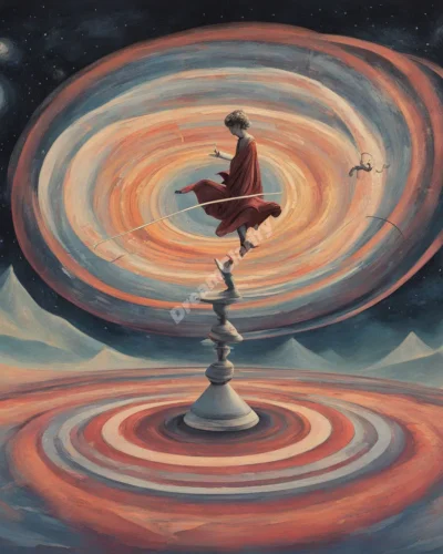 A figure balancing on a spinning top, surrounded by tilting dreamscapes.