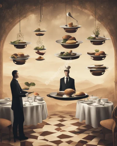 Waiters balancing trays of dream symbols in a surreal restaurant setting, representing service and balance.