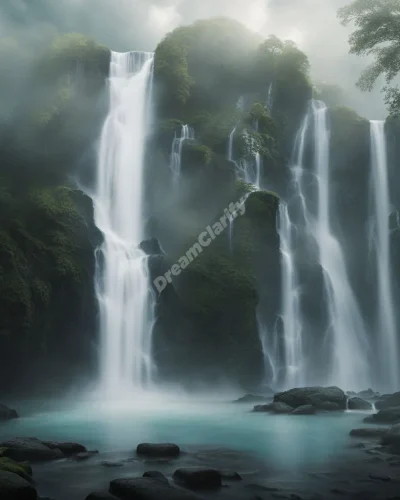 A waterfall flowing upwards, defying gravity, with dream symbols in the mist, representing emotional release and renewal.