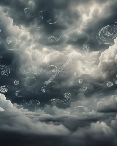 A stormy sky with swirling clouds forming various weather symbols, representing the emotional impact of weather dreams.