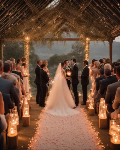 A wedding ceremony with glowing symbols of love and commitment, representing unity and celebration.