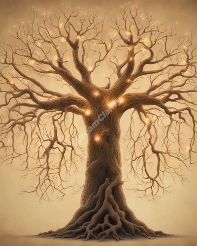 A family tree with glowing branches, each limb revealing different dream scenarios, symbolizing family connections.