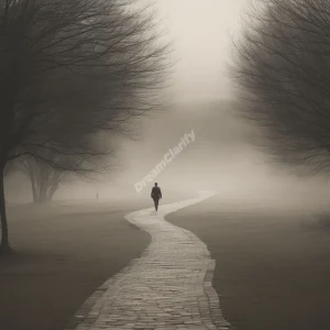 Insights and Interpretations: A solitary figure walking away on a long, winding path that fades into a hazy distance, representing feelings of abandonment and life's uncertainties.