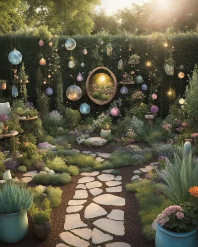 A backyard transforming into a magical garden with dream symbols growing like plants, representing personal space and growth.