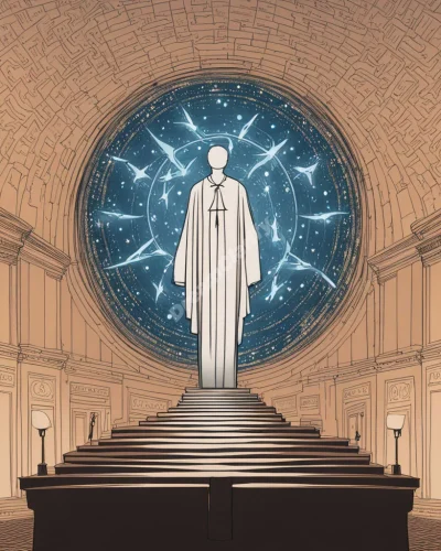 A figure standing in a courtroom, surrounded by glowing symbols of freedom, representing acquittal and relief in dreams.