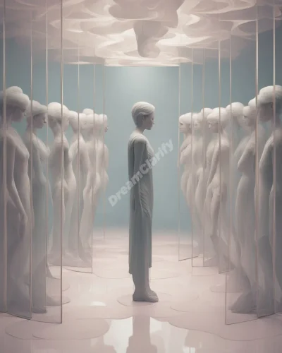 A figure gradually expanding to fill a dreamy space, surrounded by mirrors reflecting different versions of self.