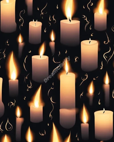 Candles with flames forming various dream symbols, illuminating a dark space, representing guidance and hope.