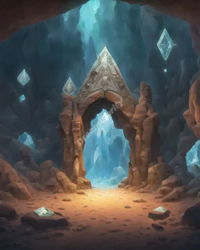 A cave entrance with mysterious symbols, leading to a crystal-filled interior, representing inner exploration and hidden potential.