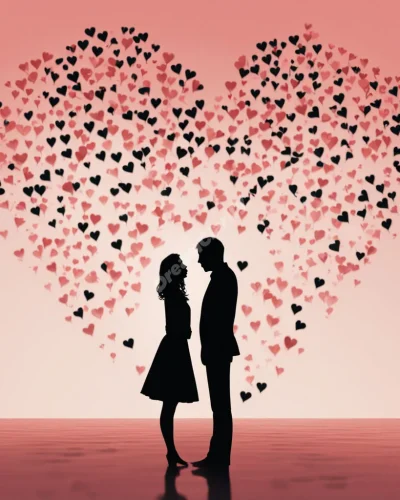 Two silhouettes on a date, surrounded by floating hearts and question marks, representing romantic uncertainties in dreams.