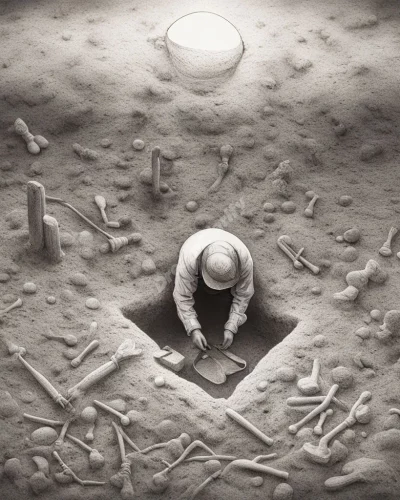 A figure digging into the ground, uncovering hidden dream symbols.