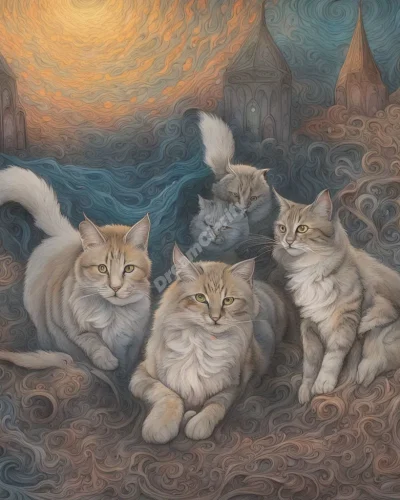 Feral cats prowling through a dreamscape, each one representing independence and instinct.