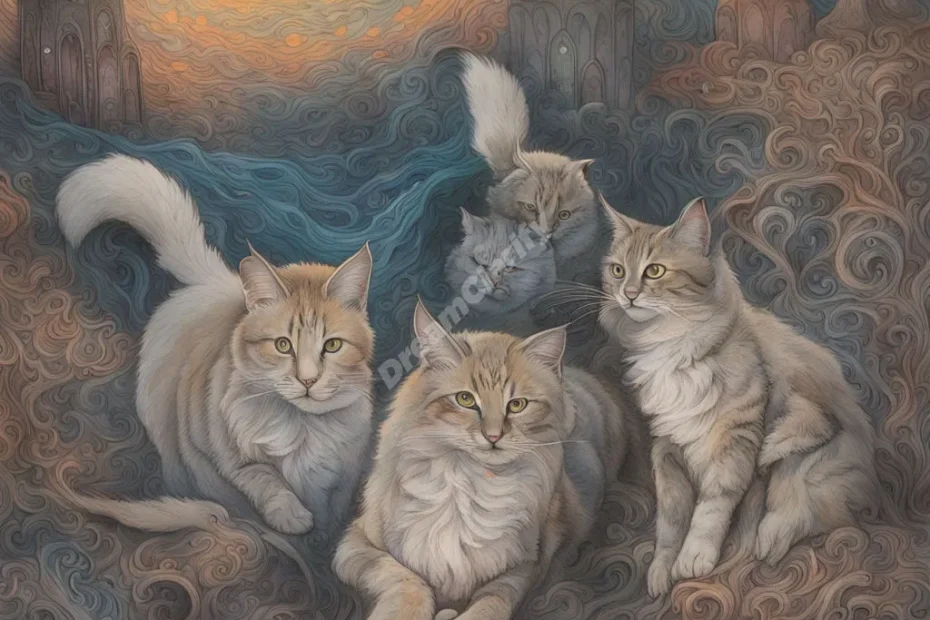 Feral cats prowling through a dreamscape, each one representing independence and instinct.