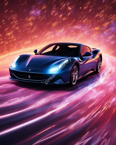 A sleek Ferrari speeding through a dreamscape, leaving a trail of glowing symbols, representing ambition and speed.