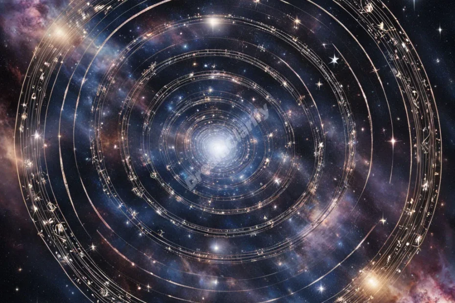 A spiral galaxy with dream symbols floating among the stars, representing cosmic consciousness.