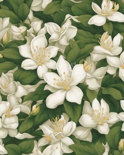 Jasmine flowers blooming to reveal miniature dream scenes, symbolizing sensuality and hidden desires.