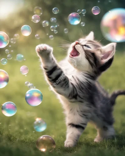 Playful kittens chasing dream bubbles, representing innocence in kitten dreams.