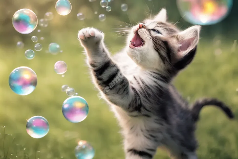 Playful kittens chasing dream bubbles, representing innocence in kitten dreams.