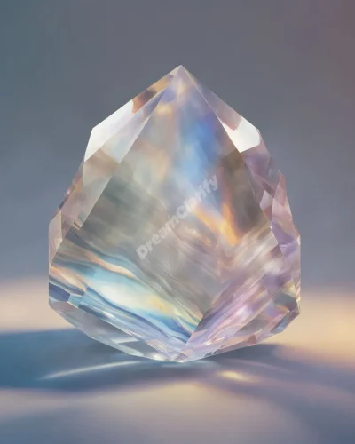 A quartz crystal refracting light to create a spectrum of dream images, symbolizing clarity and multiple perspectives.