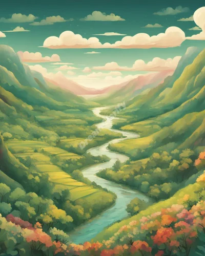 A lush valley with different sections representing various aspects of life, symbolizing potential and personal growth.