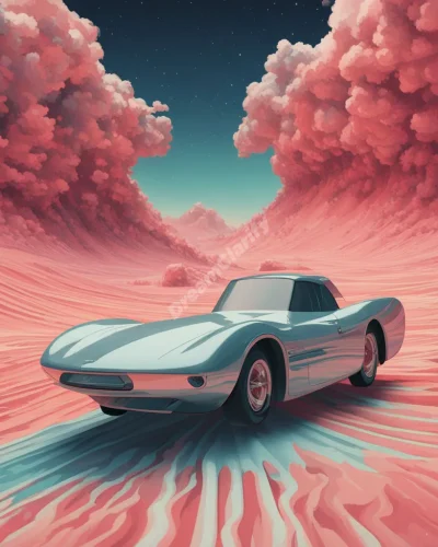 An accelerator pedal connected to a surreal vehicle, speeding through different layers of a dream landscape.