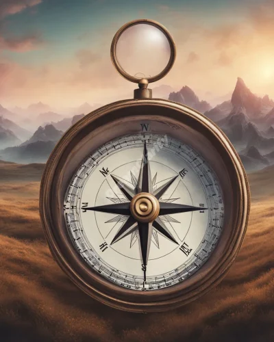 A compass pointing west in a dreamy landscape, representing direction in west dreams.