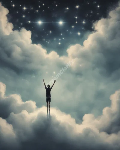 A figure floating above a cloudy dreamscape, reaching for stars, symbolizing aspiration and perspective.