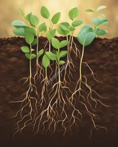 Fertile soil with seeds sprouting into glowing plants, representing growth and potential in dreams.