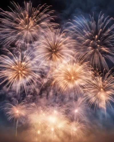 New Year's fireworks exploding into dream symbols, representing new beginnings and celebration.