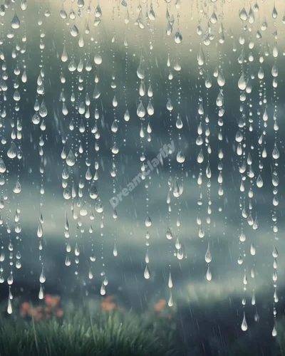 Rain drops, each containing a tiny dream scene, falling onto a landscape that transforms with each drop, symbolizing renewal.