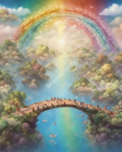 A rainbow bridge leading to various floating islands of dream scenes, symbolizing hope and diverse possibilities.