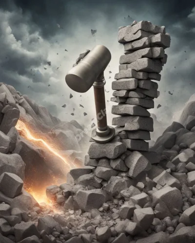 A jackhammer breaking through layers of dream symbols in a rocky dreamscape, representing breakthrough or disruption.