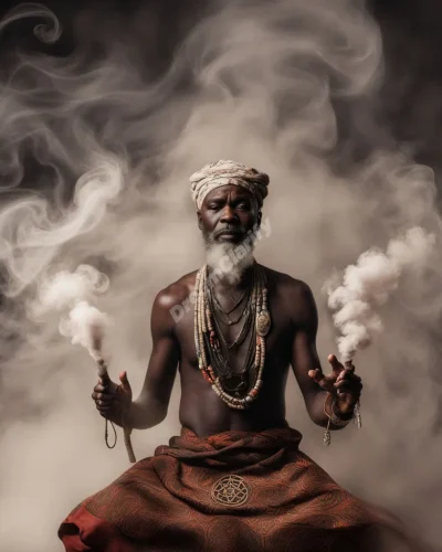 A traditional African healer surrounded by swirling smoke forming prophetic symbols, representing spiritual guidance in dreams.