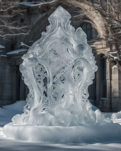 An ornate ice sculpture slowly melting to reveal hidden objects within, symbolizing transient beauty and hidden truths.